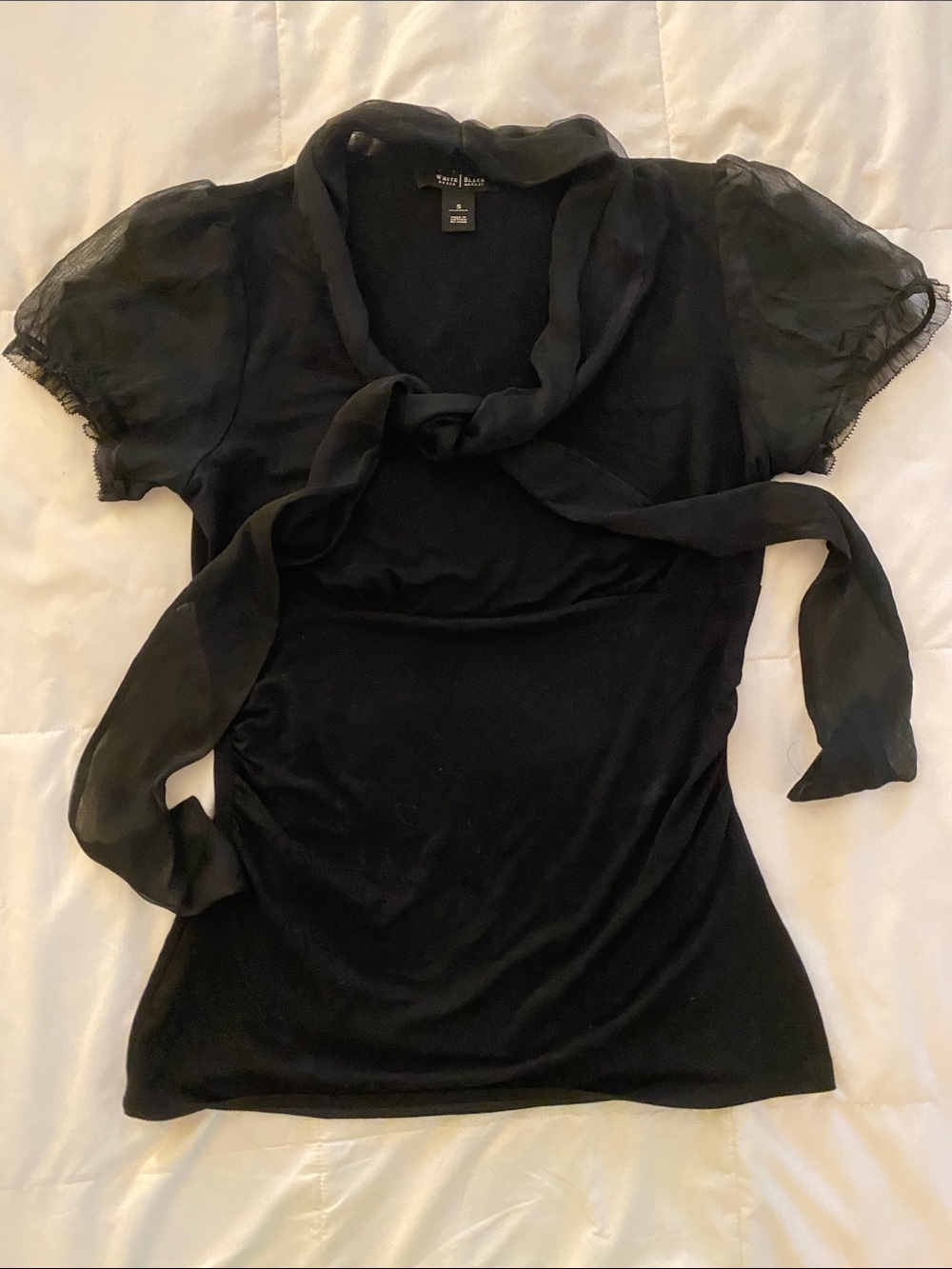 White House Black Market Black Tie-Neck Puff Sleeve Blouse